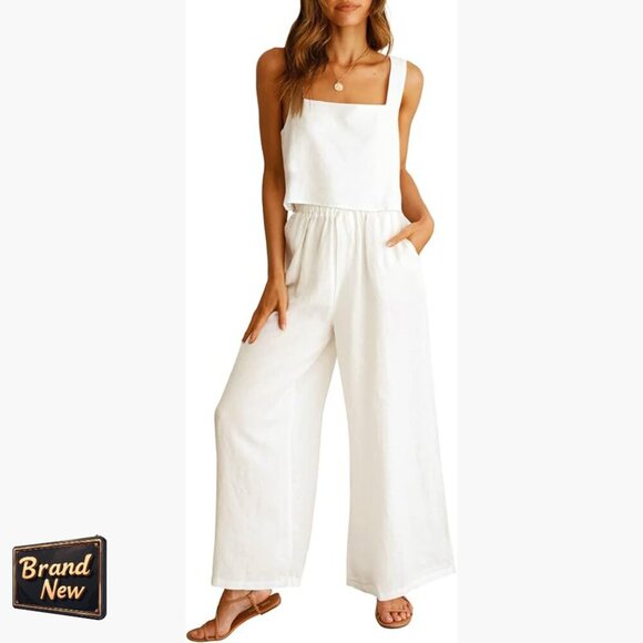 Pants - Linen Lounge Set with Wide Leg Pants and Crop Top, Size Medium